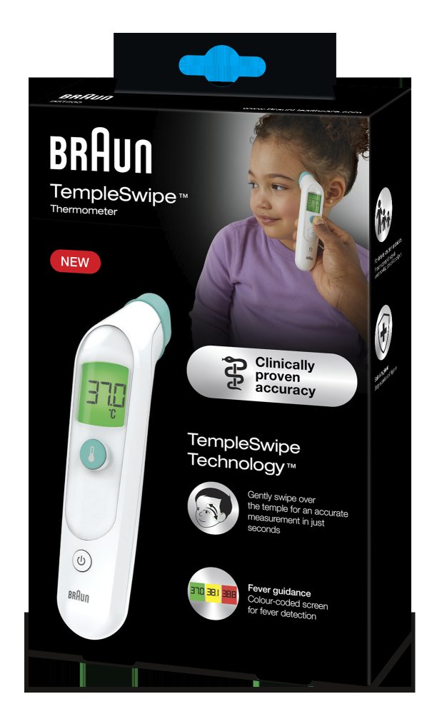 Braun TempleSwipe Forehead Thermometer (colour-coded temperature display, safe, hygienic, fast, clinically accurate, gentle, easy to use, for all ages​) BST200